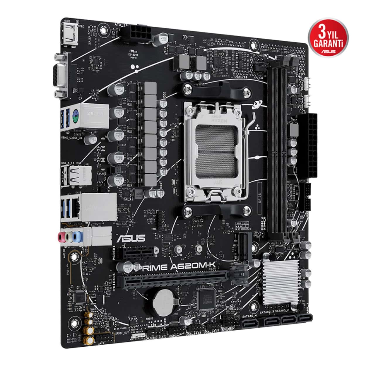 ASUS PRIME A620M-K AMD A620 AM5 DDR5 6400 HDMI VGA M2 USB3.2 AURA RGB mATX 96GB - Görsel 4