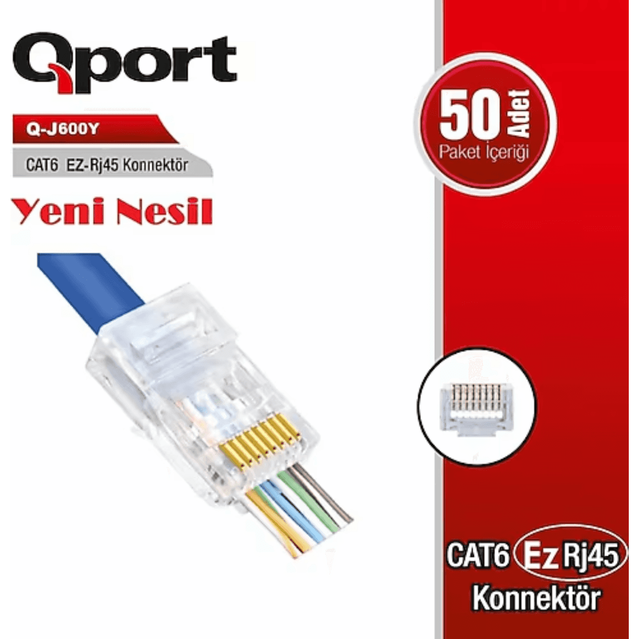 QPORT CAT6 (50Lİ PAKET) EZ-RJ45 YENİ NESİL KONNEKTÖR (Q-J600Y) - Görsel 1