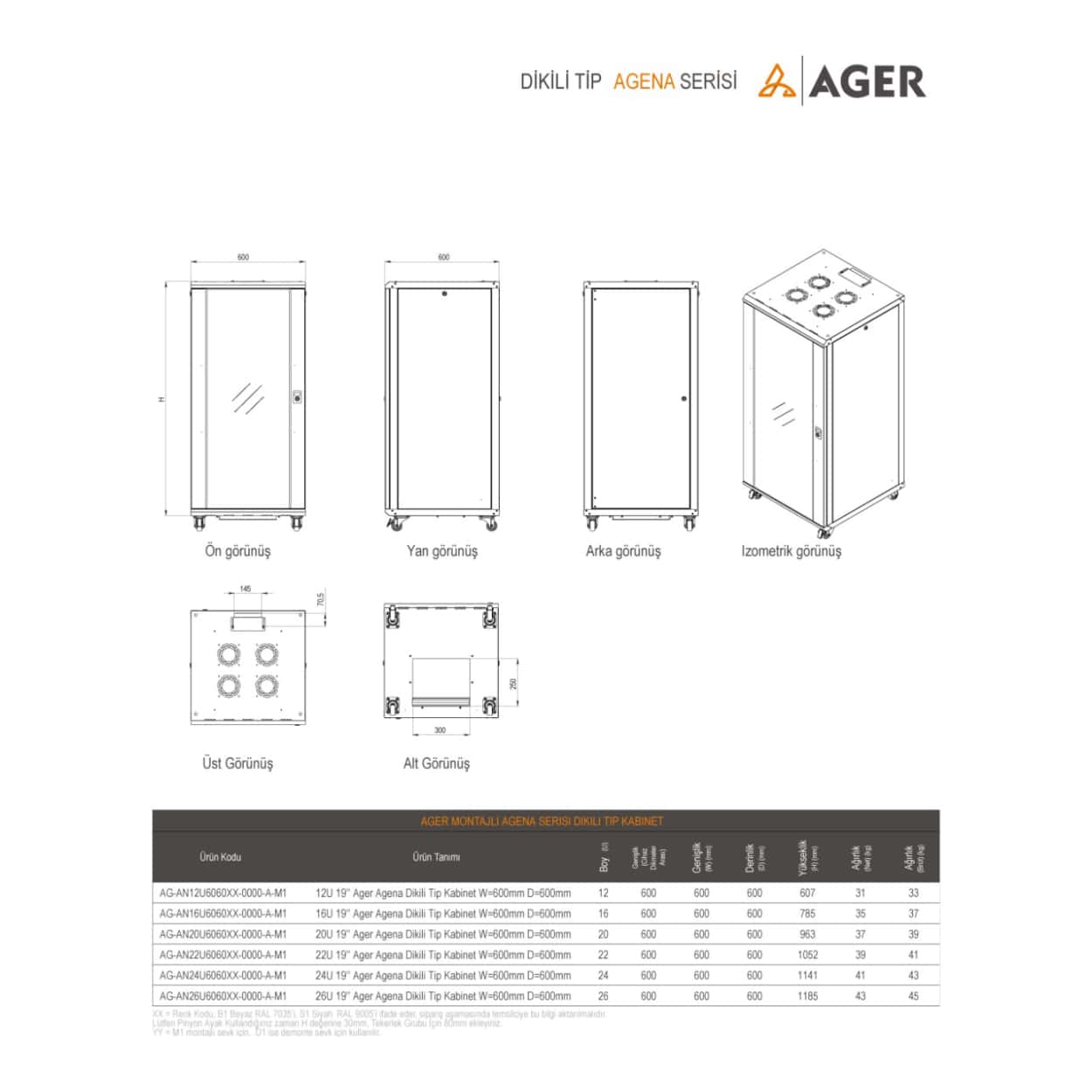 AGER Agena 26U W=600mm D=600mm 19''  Dikili Tip Kabinet - Görsel 4