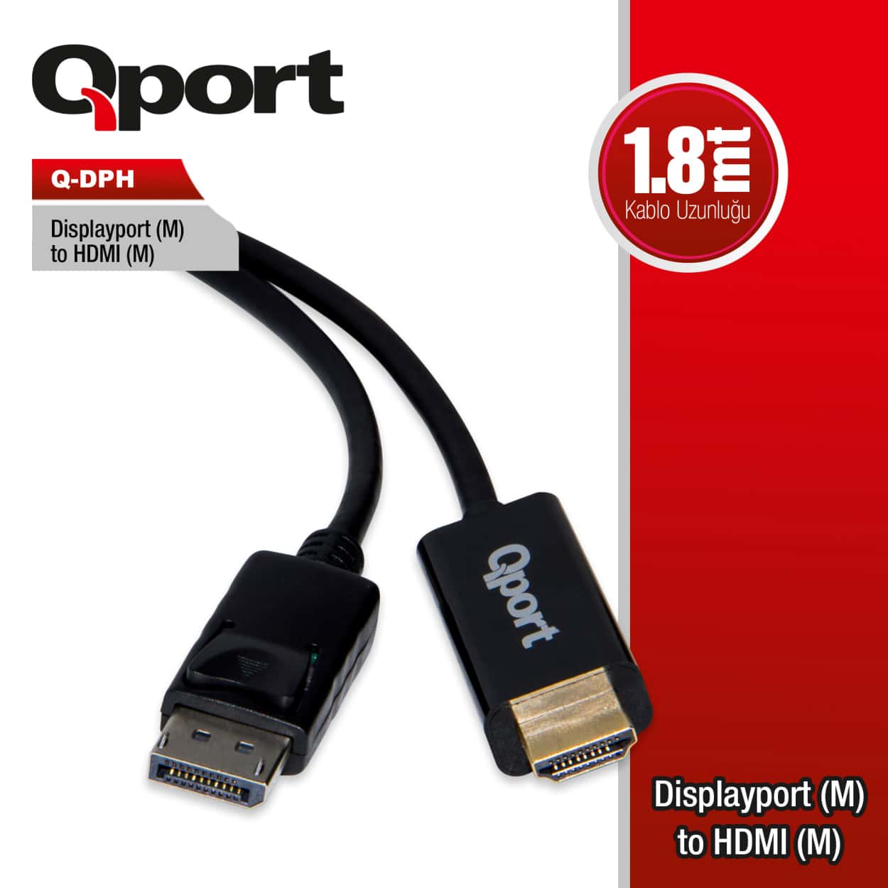 QPORT 1.8M DISPLAY PORT(M) TO HDMI(M) ÇEVİRİCİ KABLO (Q-DPH) - Görsel 1