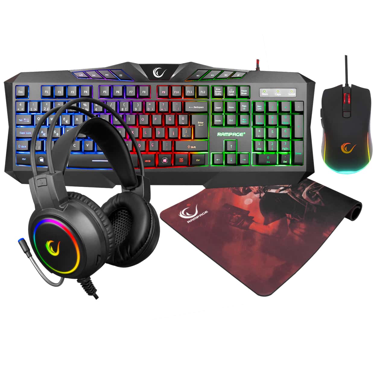 RAMPAGE KM-404 ARGENTI Rainbow Aydınlatmalı Gaming Q Klavye + Kulaklık + Mouse + - Görsel 1