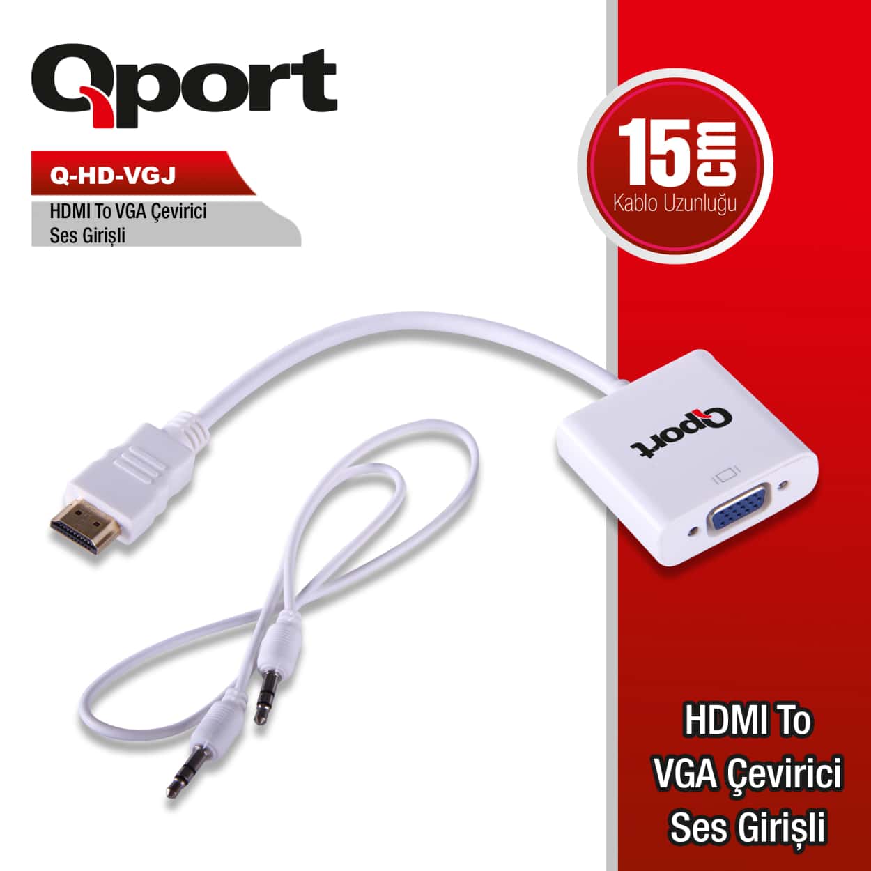 QPORT HDMI to VGA ÇEVİRİCİ SES GİRİŞİ VE KABLOSU + GÜÇ GİRİŞİ KABLOSU (Q-HD-VGJ) - Görsel 1