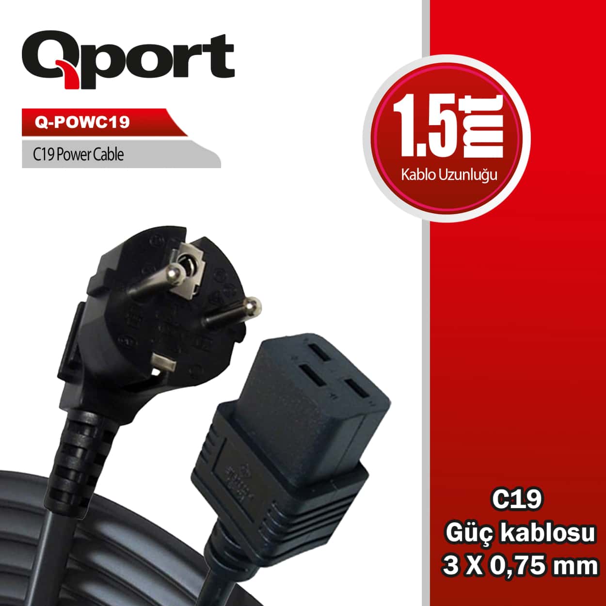 QPORT 1.5M C19 GÜÇ KABLOSU (Q-POWC19) - Görsel 1