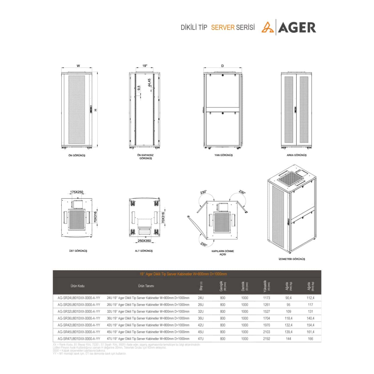 AGER Server Serisi 26U W=800mm D=1000mm 19''  Dikili Tip Kabinet - Görsel 4