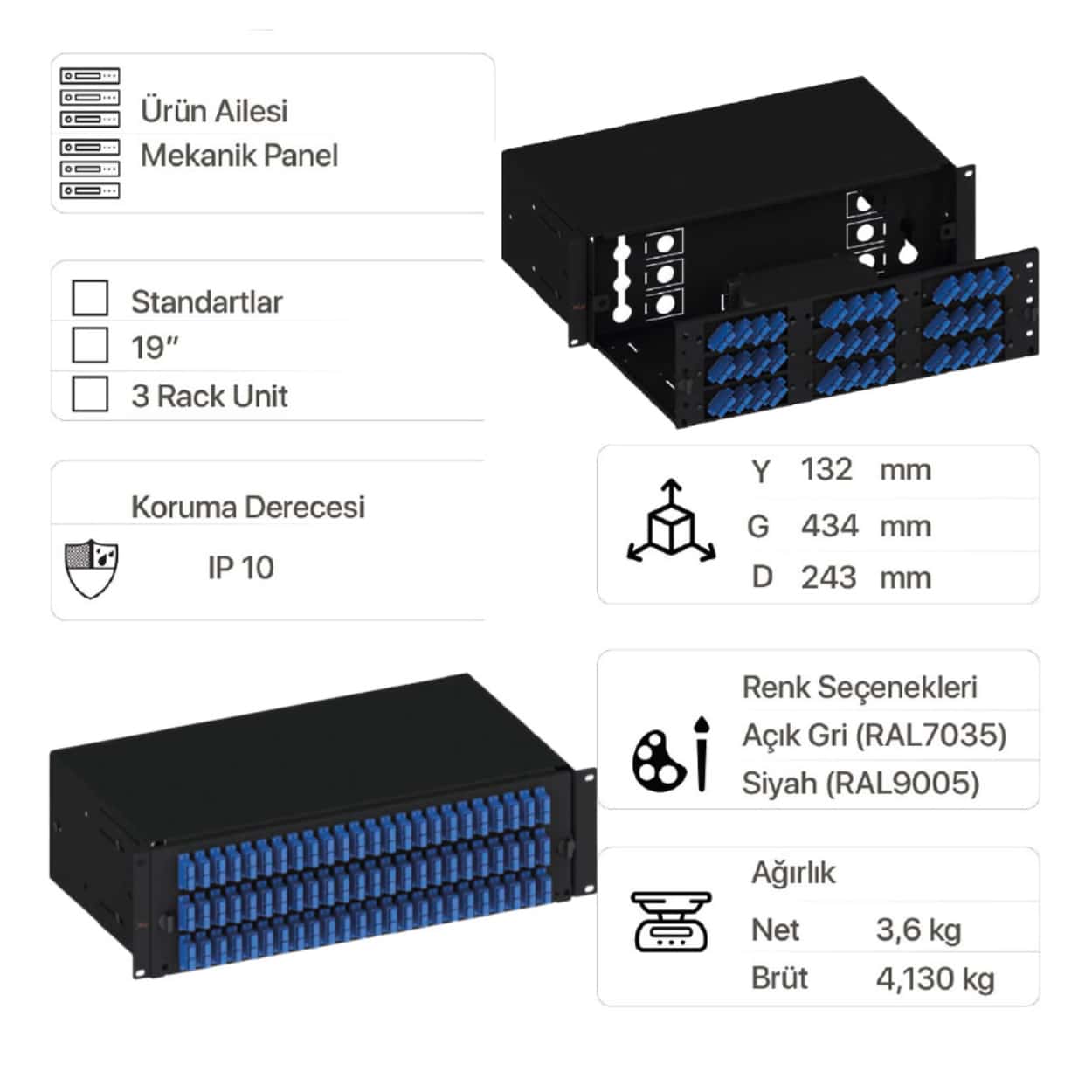 EratSlide 3U 19” 72 Port SC Duplex Rack Tipi Patch Panel, Boş - Görsel 2