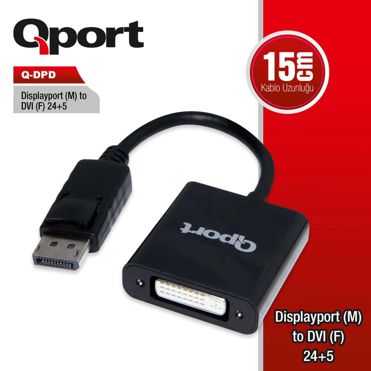 QPORT DISPLAY(M) TO DVI(F) 24+5 ÇEVİRİCİ (Q-DPD) - Görsel 1