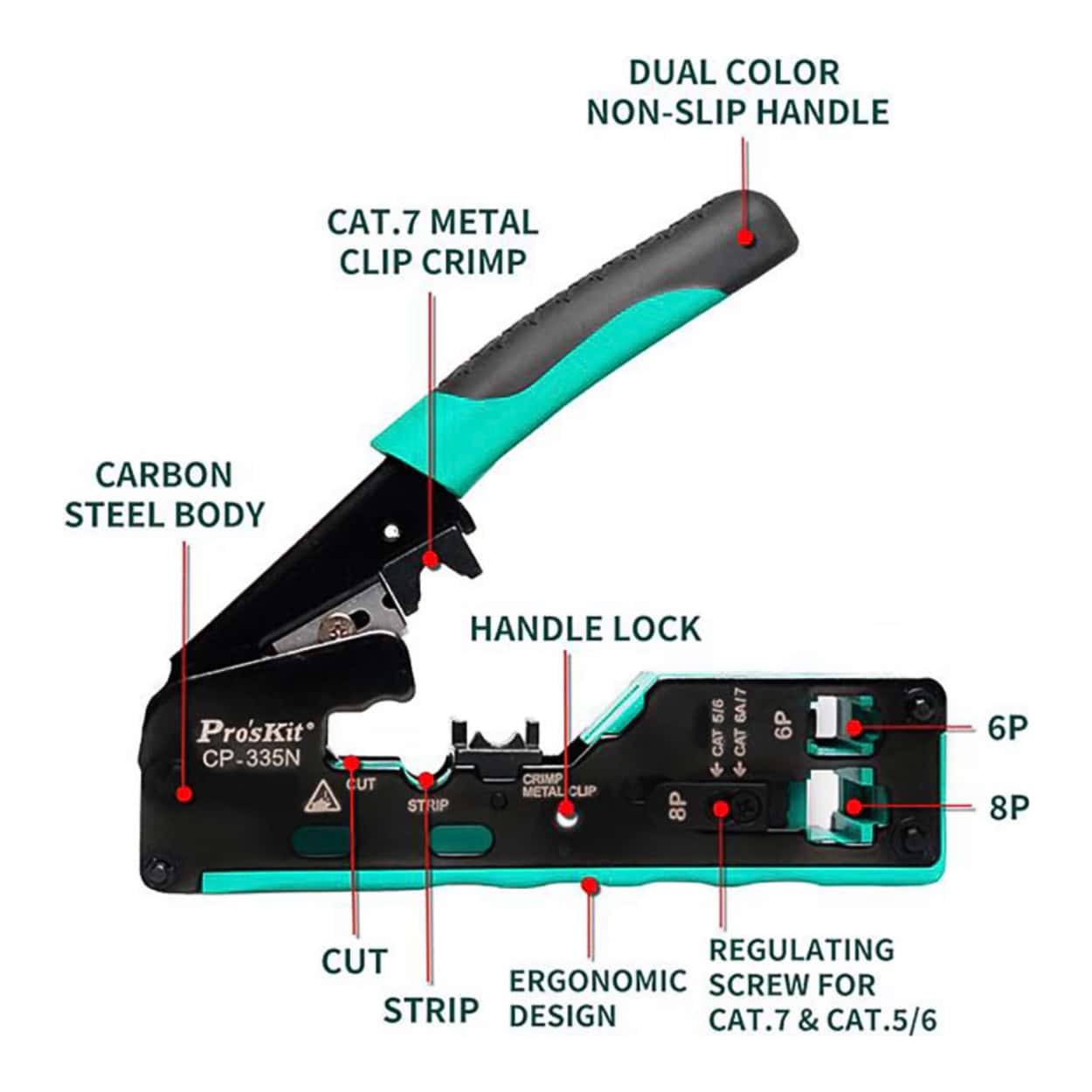 PROSKIT CP-335N Sıkma Pensesi CAT7-CAT6-CAT5 RJ-45 / RJ-11 ESKİ NESİL - Görsel 3
