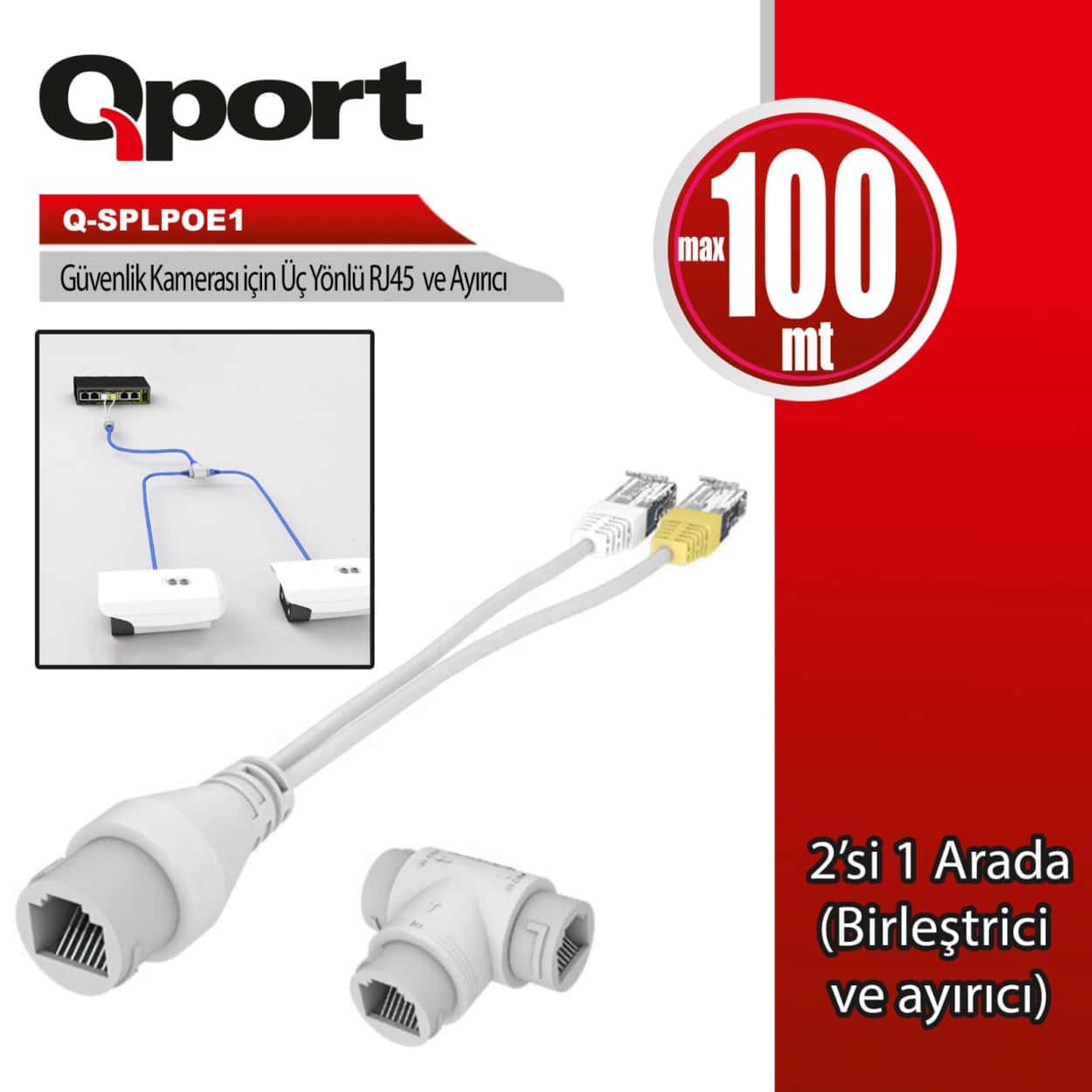 Q-PORT POE SPLITTER 2 in 1 Ağ Konnektörü + 3 Yollu RJ45 Konnektörü (Q-SPLPOE1) - Görsel 1