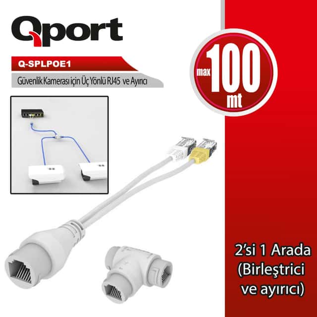 Q-PORT POE SPLITTER 2 in 1 Ağ Konnektörü + 3 Yollu RJ45 Konnektörü (Q-SPLPOE1)