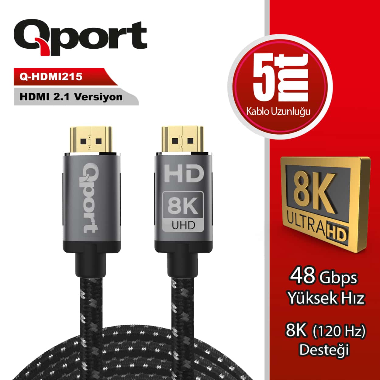QPORT 5M HDMI 2.1V 8K ALTIN UÇLU ÖRGÜLÜ KABLO (Q-HDMI215) - Görsel 1