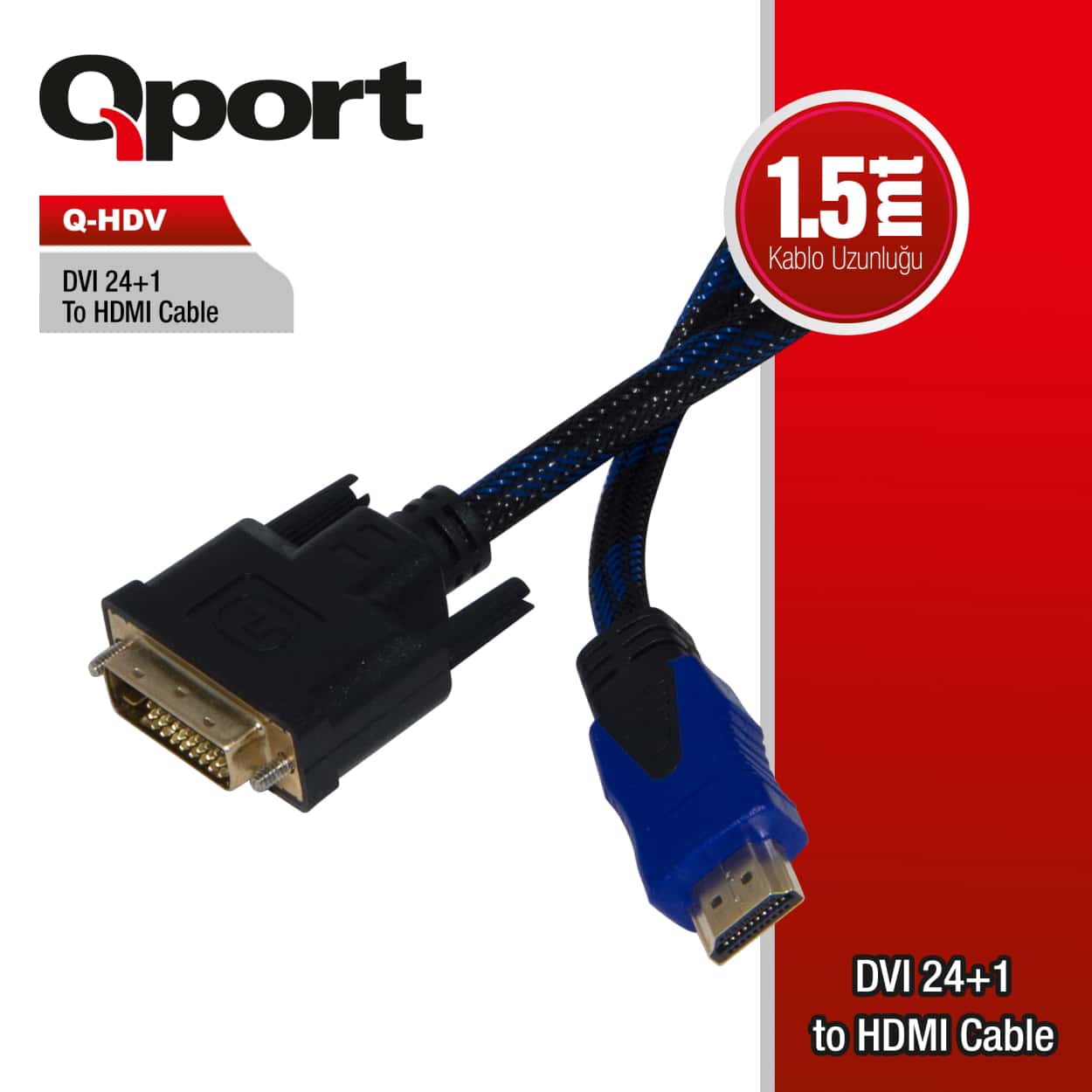 QPORT 1.5M DVI TO HDMI 24+1 CONVERTER ÇEVİRİCİ KABLO (Q-HDV) - Görsel 1