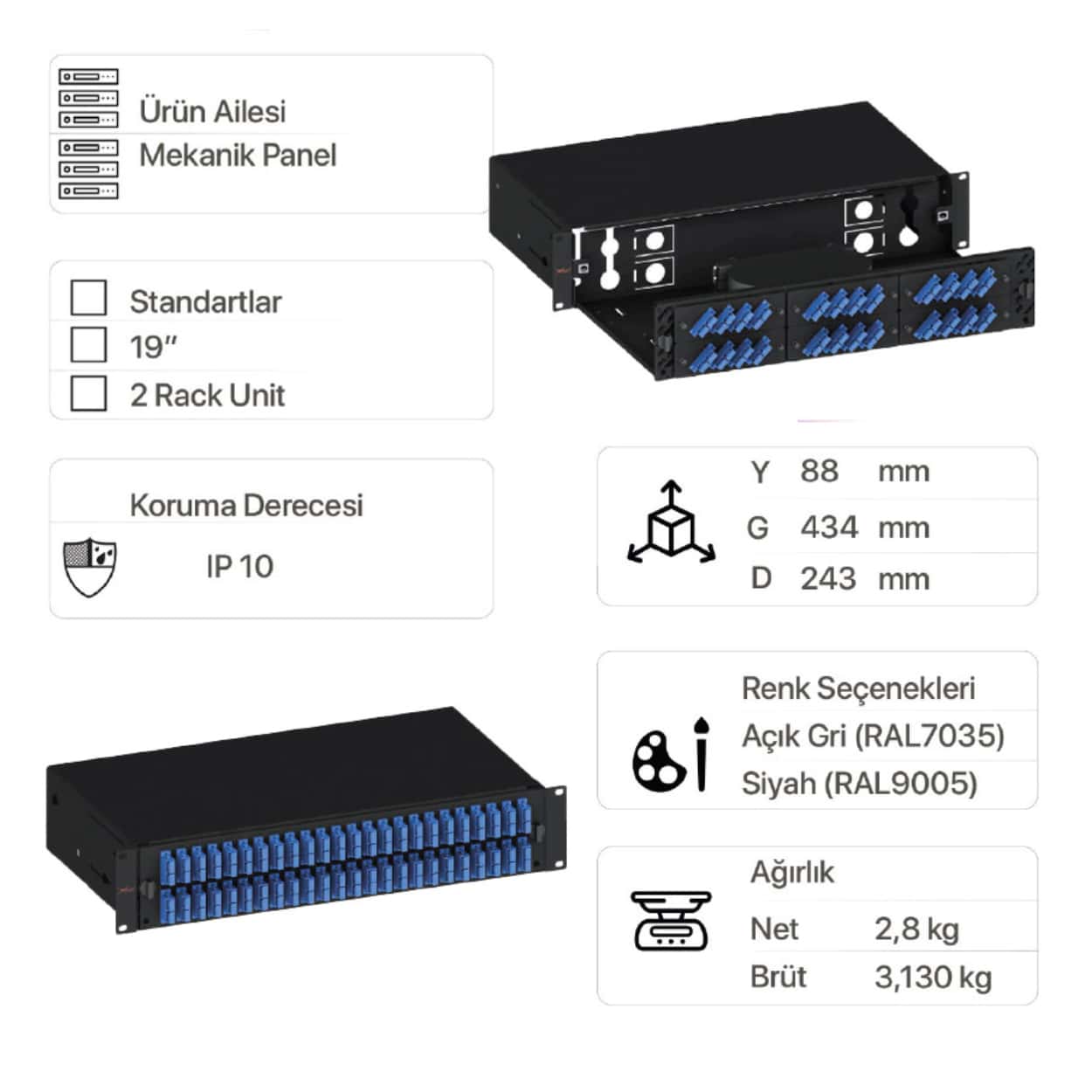 EratSlide 2U 19" 48 Port SC Duplex Rack Tipi Patch Panel, Boş - Görsel 2