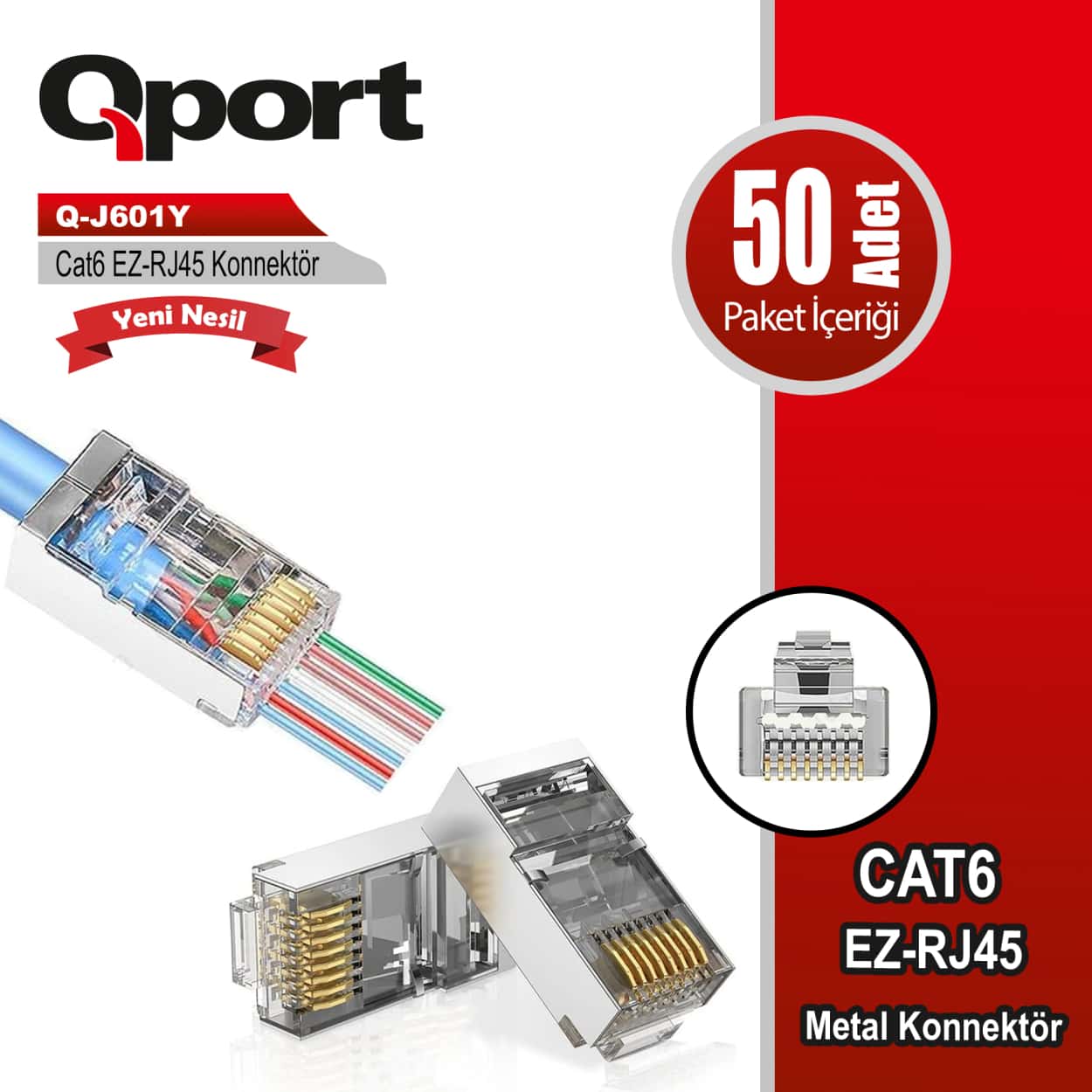 QPORT CAT6 (50Lİ PAKET) EZ-RJ45 YENİ NESİL METAL KONNEKTÖR (Q-J601Y) - Görsel 1