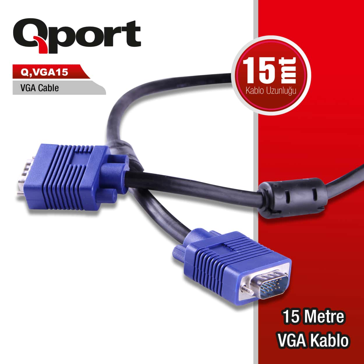 QPORT 15M 15 PİN FİTRELİ MONİTÖR / VGA KABLO (Q-VGA15) - Görsel 1