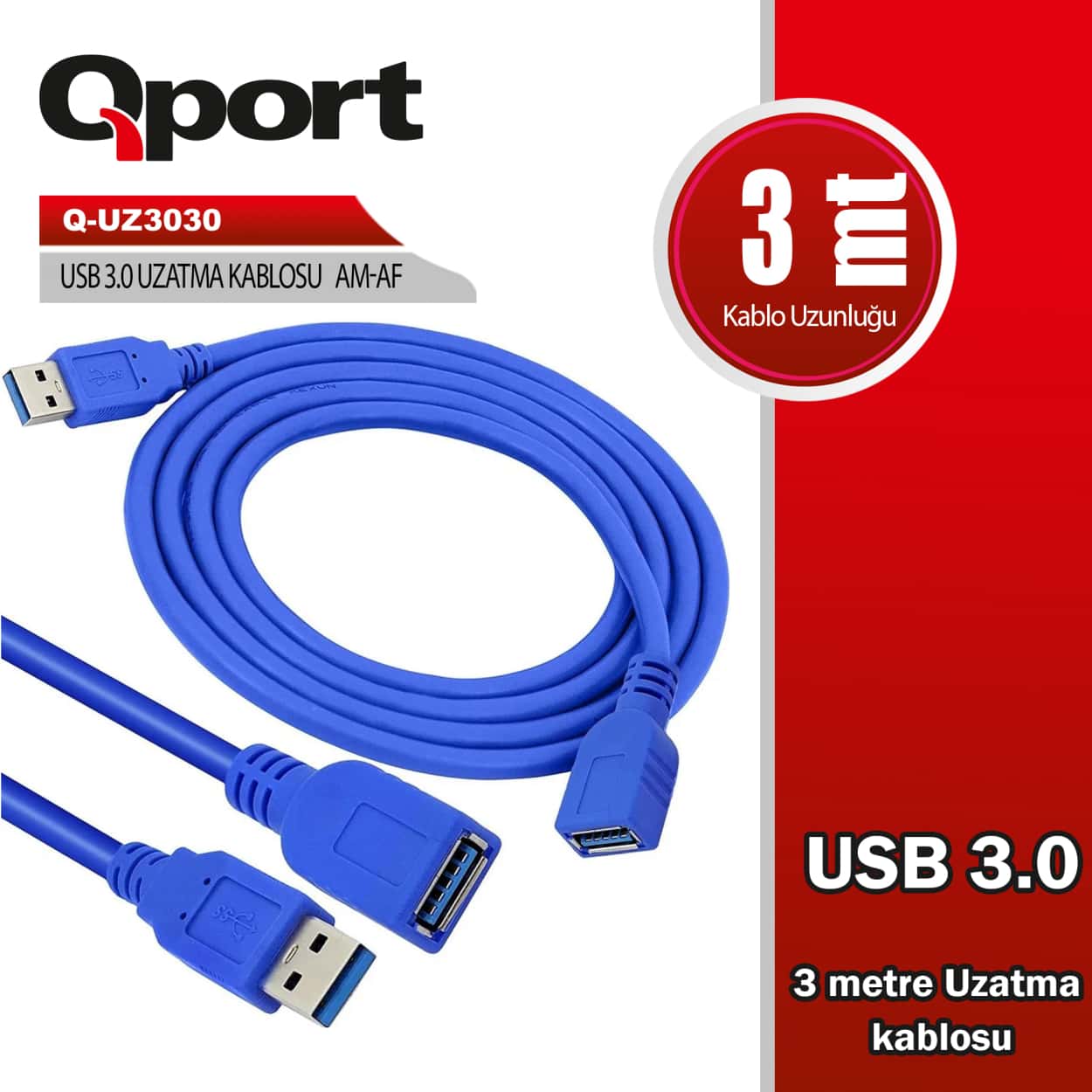QPORT 3M USB3.0 UZATMA KABLOSU (Q-UZ3030) - Görsel 1