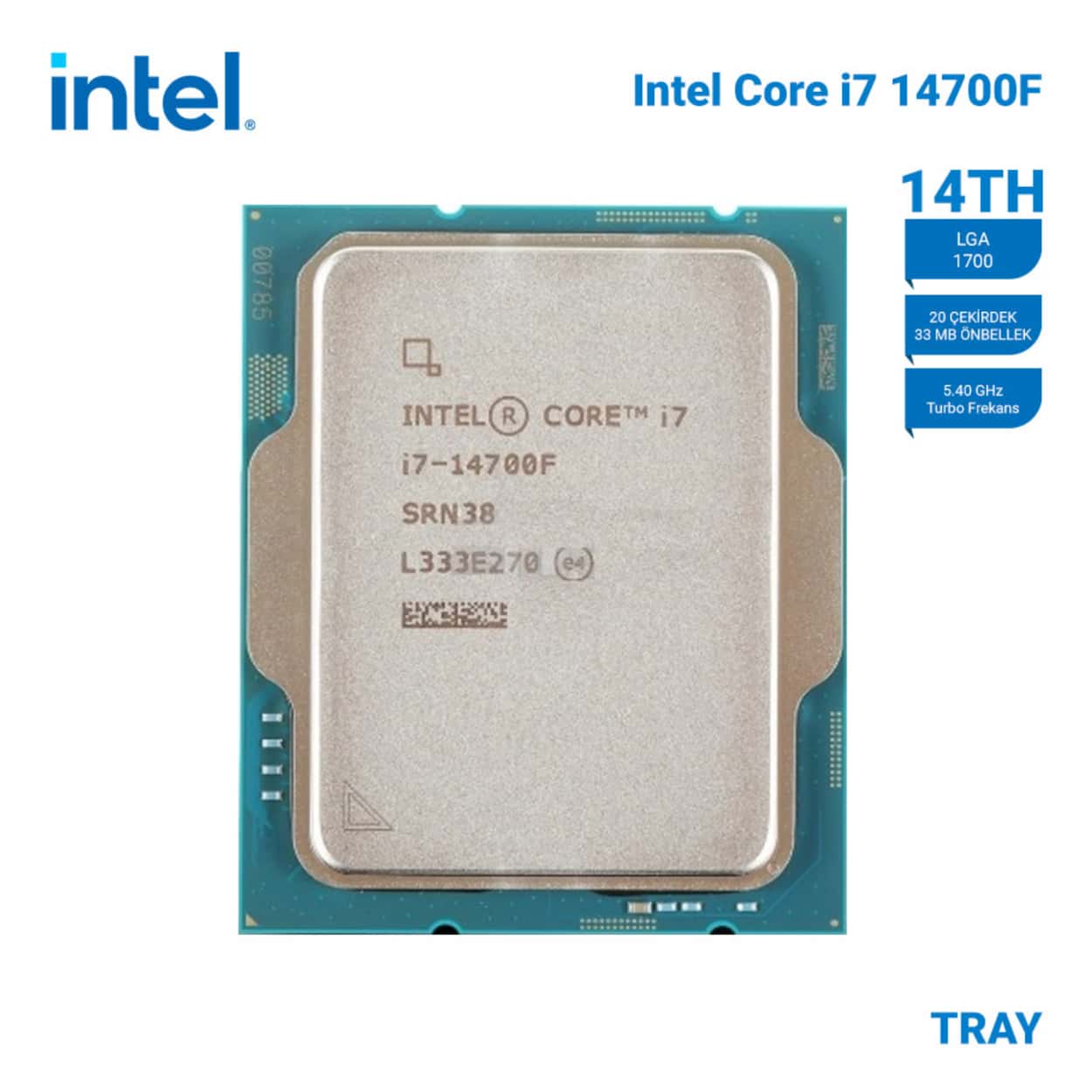 INTEL Raptor Lake i7-14700F Tray VGAsız, Fansız 20C 2,1/5.4Ghz 33M LGA1700 - Görsel 1