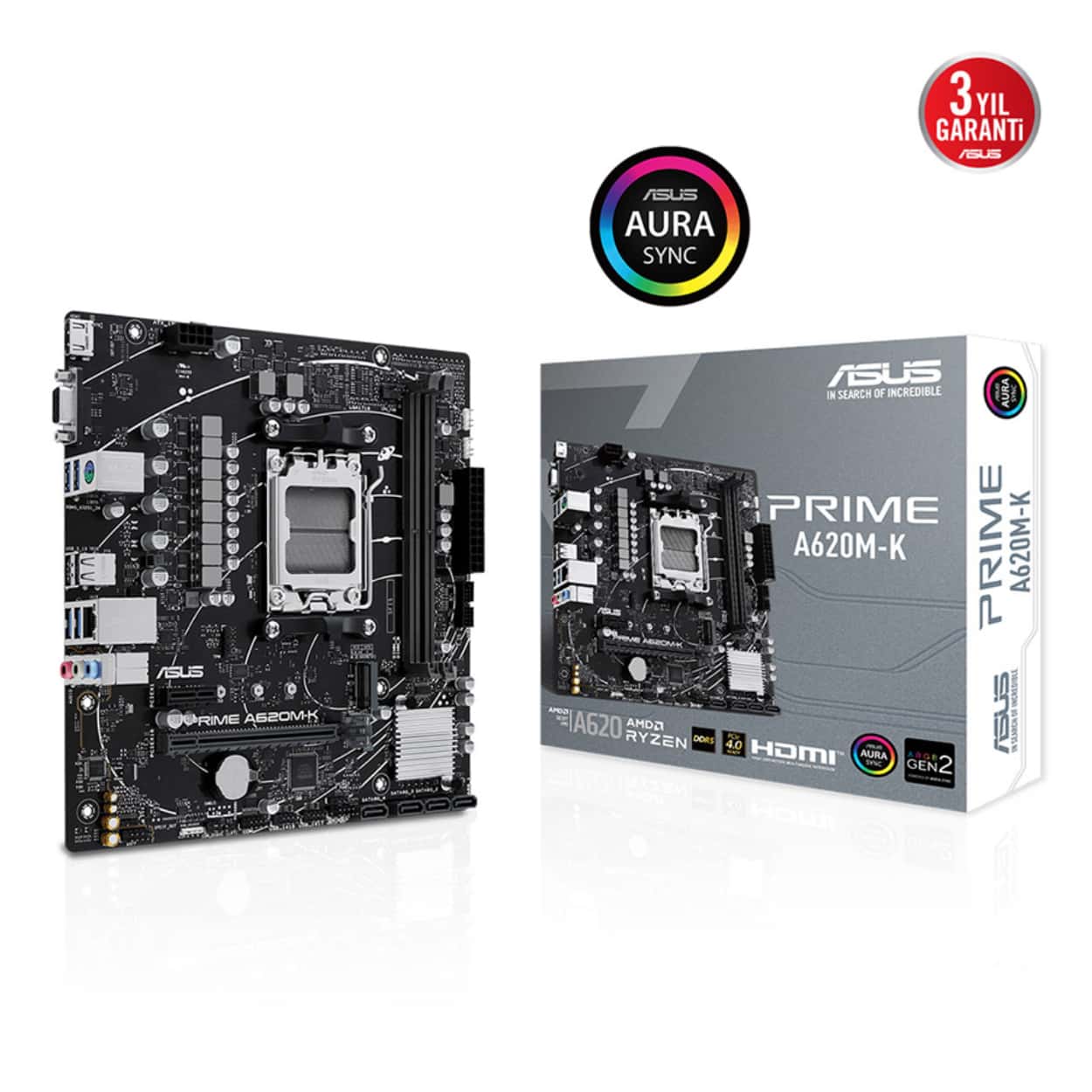 ASUS PRIME A620M-K AMD A620 AM5 DDR5 6400 HDMI VGA M2 USB3.2 AURA RGB mATX 96GB - Görsel 1