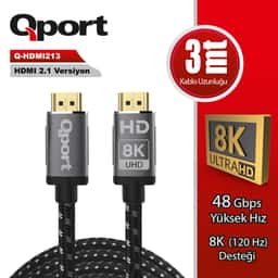 QPORT 3M HDMI 2.1V 8K ALTIN UÇLU ÖRGÜLÜ KABLO (Q-HDMI213) - Küçük Görsel 1
