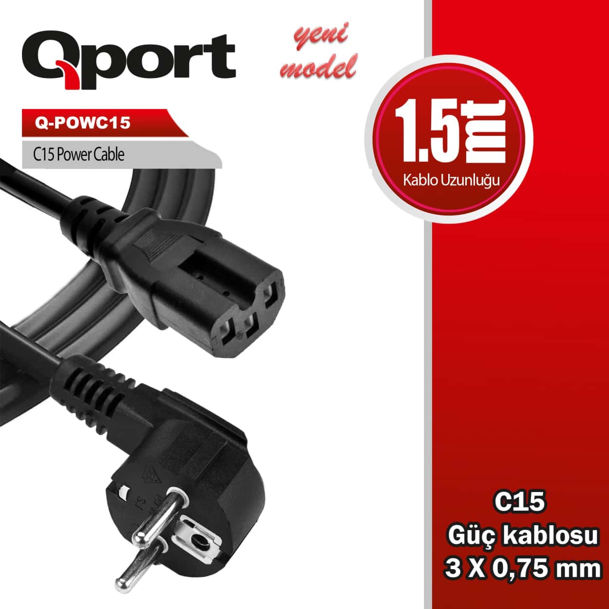 QPORT 1.5M C15 GÜÇ KABLOSU (Q-POWC15) - Görsel 1