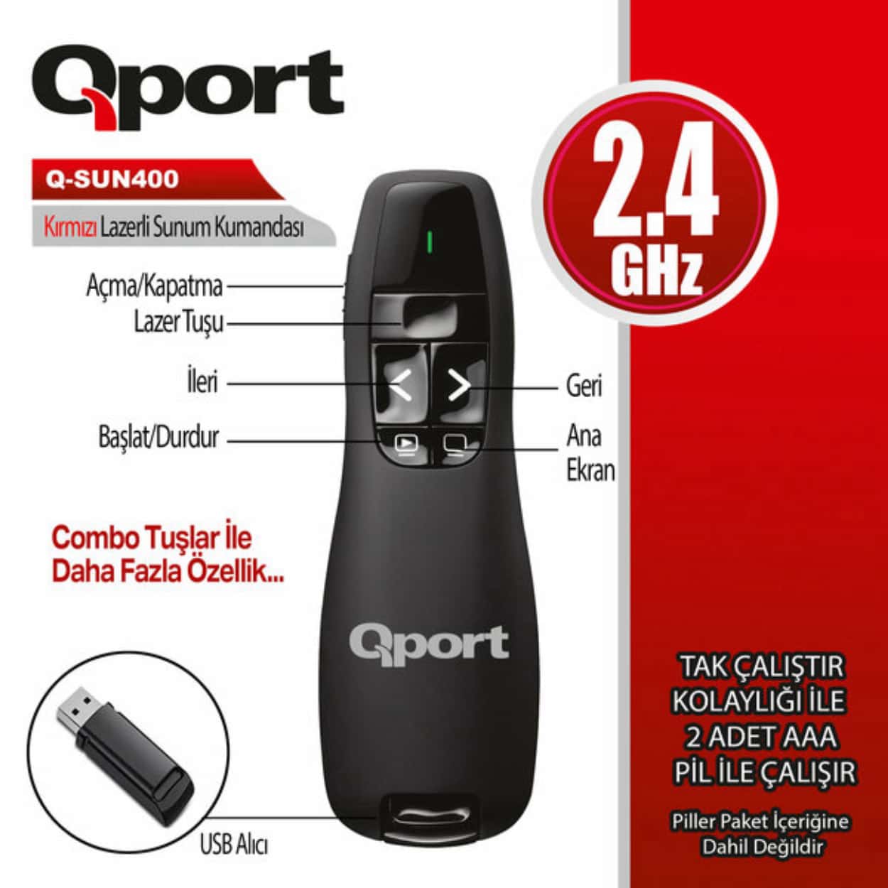 QPORT Q-SUN400 2.4GHZ USB KIRMIZI LAZERLİ SUNUM KUMANDASI - PRESENTER - Görsel 1