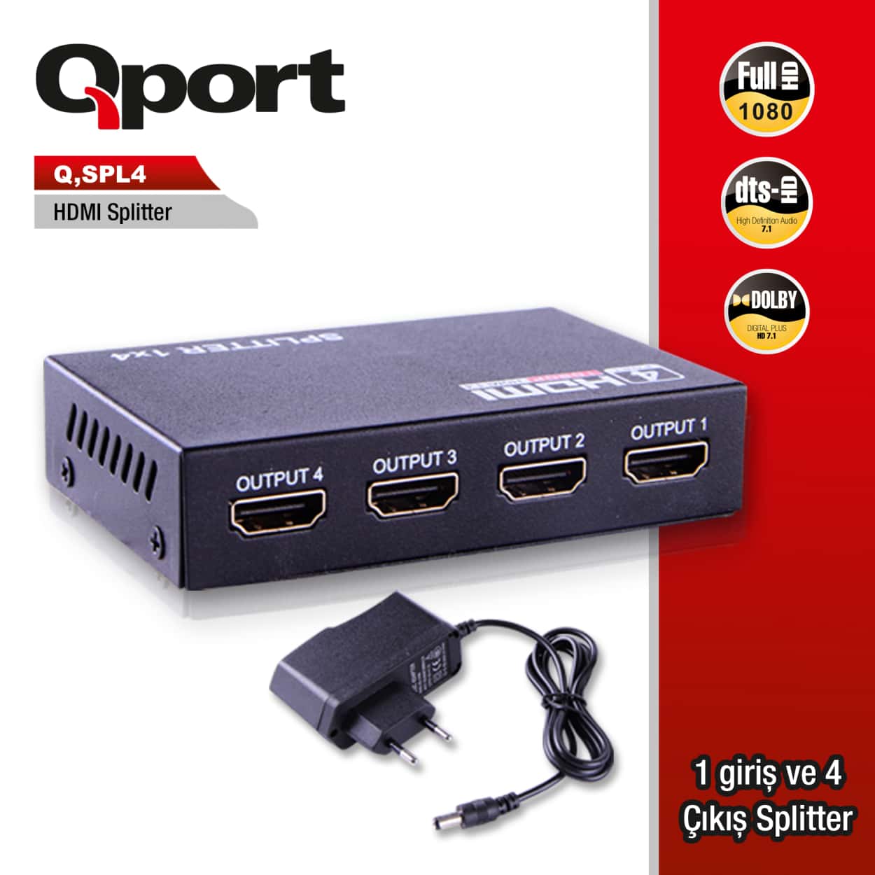 QPORT FULL HD 1 GIRIS 4 CIKIS HDMI SPLITTER (SINYAL COGALTICI) (Q-SPL4) - Görsel 1