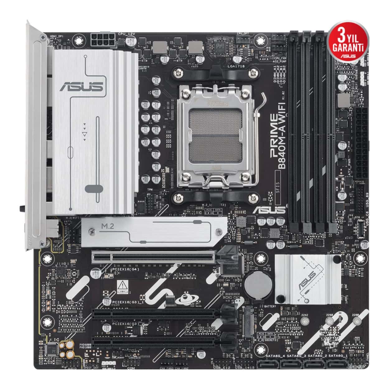 ASUS PRIME B840M-A WIFI AM5 DDR5 7600 2xDP HDMI 3xM2 6E+BT mATX - Görsel 2