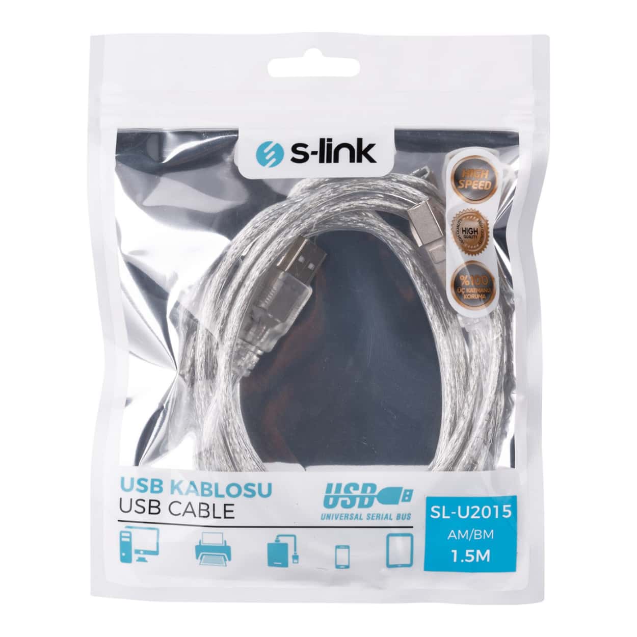 S-LINK SL-U2015  1.5m Şeffaf USB2.0 Yazıcı Kablosu - Görsel 3