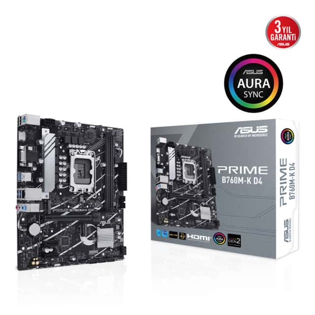 ASUS PRIME B760M-K D4 Intel B760 LGA1700 DDR4 5333MHz HDMI VGA 2x M.2 USB3.2 AURA RGB mATX Anakart