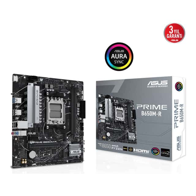 ASUS PRIME B650M-R AM5 DDR5 7200 mATX Anakart – HDMI, 2x M.2, AURA RGB, 2.5G LAN